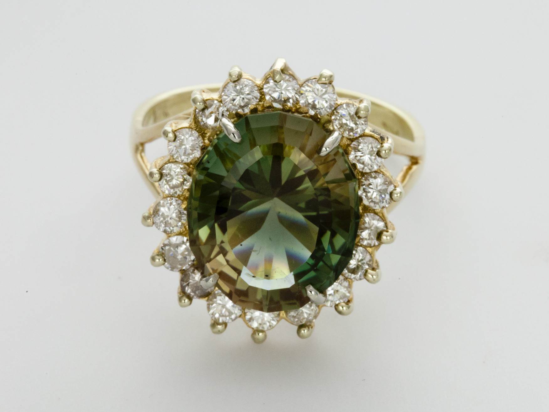 Green Sunstone, Yellow Gold Ring with Diamonds